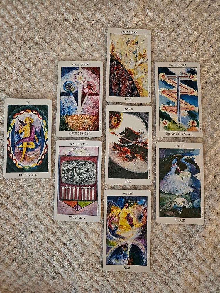 Collective Tarot Reading composed of  8 cards from the Tarot of the Spirit deck. Guiding Card on the left: The Universe. Central Card: Fire Father. From the top clockwise: One of Wind, Eight of Fire, Water Sister, Wind Mother, Nine of Wind, Three of Fire. These cards describe the cycle of progress found in the theme of a leap of faith.